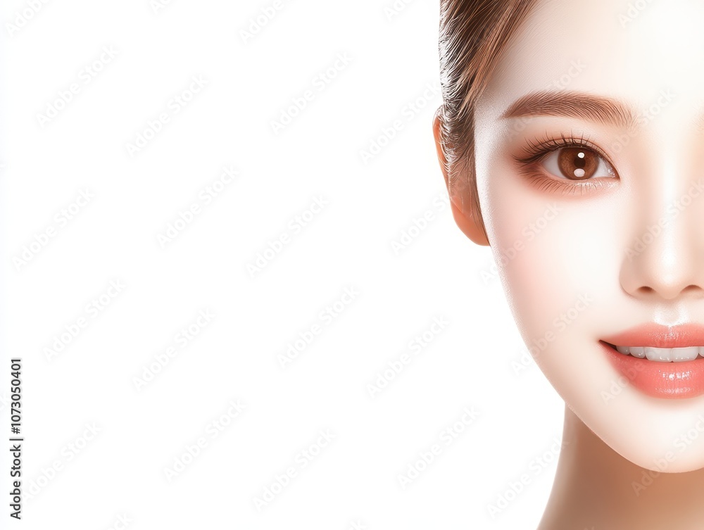 Obraz premium Serene woman in white, minimalist portrait on pristine white background