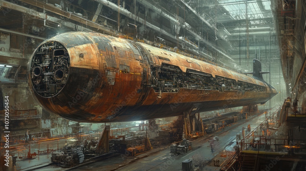 Expansive view of a submarine manufacturing facility, showcasing large hull sections being assembled, with detailed installations like sonar and radar systems along the line. Expansive view of a submarine manufacturing facility, showcasing large hull sections being assembled, with detailed installations like sonar and radar systems along the line.
