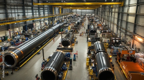 Expansive view of a submarine assembly line, showing large hull sections being welded and aligned, with components like propulsion systems and sonar being prepared nearby. photo