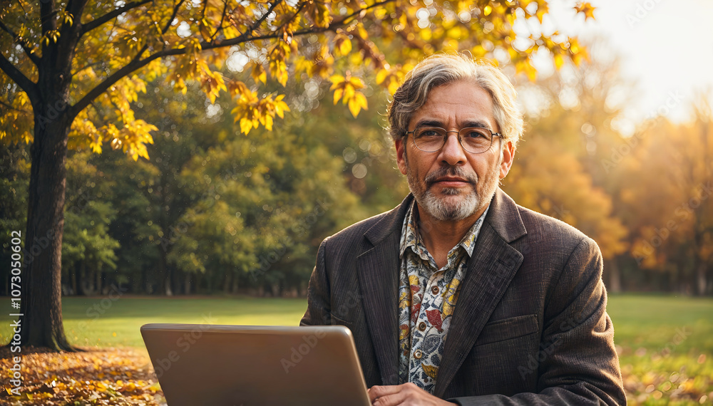 Portrait of handsome businessman sitting on bench at park and working on laptop, freelancer, people in nature