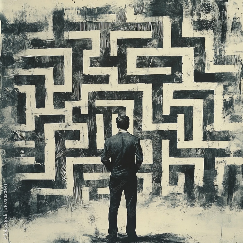 Businessman faces dilemma of navigating a maze. Businessman faces dilemma of navigating a maze.