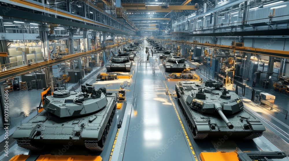 Expansive view of a tank assembly plant, showing technicians mounting turrets, aligning tracks, and installing weapon systems across the production line. Expansive view of a tank assembly plant, showing technicians mounting turrets, aligning tracks, and installing weapon systems across the production line.