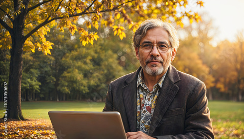 Obraz na płótnie Portrait of handsome businessman sitting on bench at park and working on laptop, freelancer, people in nature
w salonie