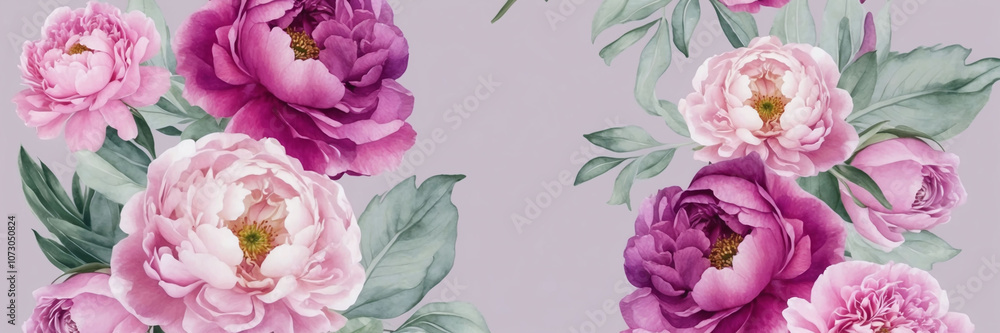 Elegant peony and rose watercolor pattern with light lavender and sage tones Elegant peony and rose watercolor pattern with light lavender and sage tones