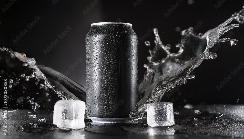 Black aluminum can with water splash and ice cubes. Beer or soda drink package. Refreshing beverage Black aluminum can with water splash and ice cubes. Beer or soda drink package. Refreshing beverage