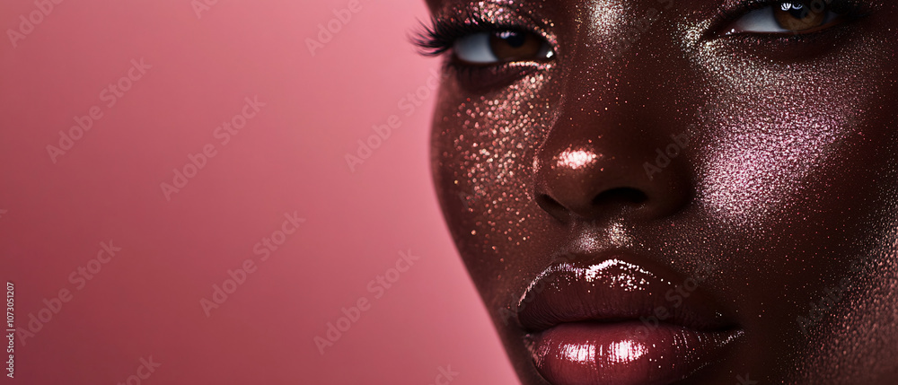 Closeup of a Womans Face with Glitter Makeup and Pink Background Closeup of a Womans Face with Glitter Makeup and Pink Background