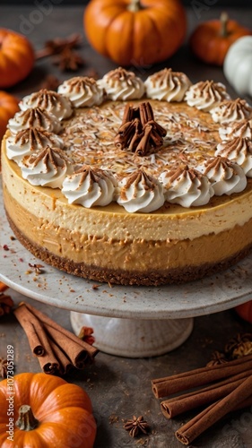 A pumpkin spice cheesecake with a gingersnap crust, topped with whipped cream and a sprinkle of cinnamon. photo