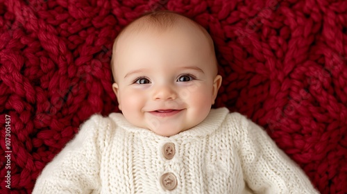 Adorable baby smiles cheerfully on cozy red blanket in heartwarming photo session