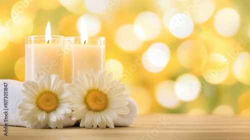 Candlelight serenity, still life with delicate white flowers on rustic table, embracing peace and tranquility