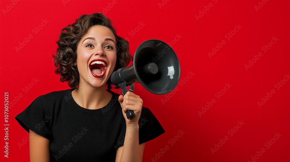 Happy Woman with Red Background Holding a Megaphone Announcing Discounts on Sale Happy Woman with Red Background Holding a Megaphone Announcing Discounts on Sale
