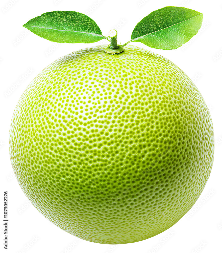 A single green pomelo with two leaves on top. A single green pomelo with two leaves on top.