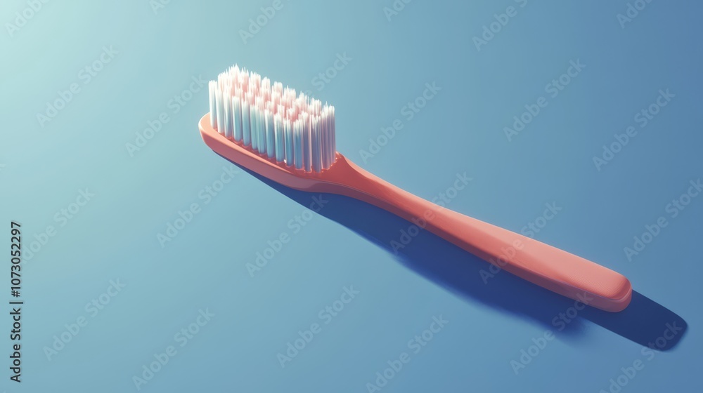 A single pink toothbrush with white bristles lies on a blue surface. A single pink toothbrush with white bristles lies on a blue surface.