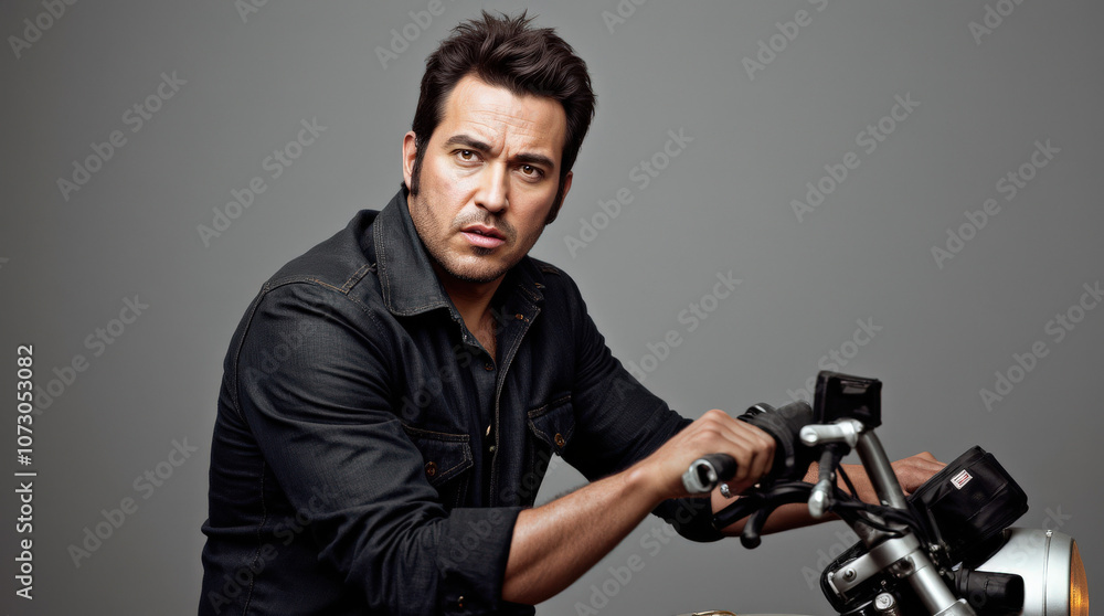 Portrait of Tough Motorcycle Rider - Rugged Man with Leather Jacket on Motorcycle, Perfect for Adventure and Rebel Themes Portrait of Tough Motorcycle Rider - Rugged Man with Leather Jacket on Motorcycle, Perfect for Adventure and Rebel Themes