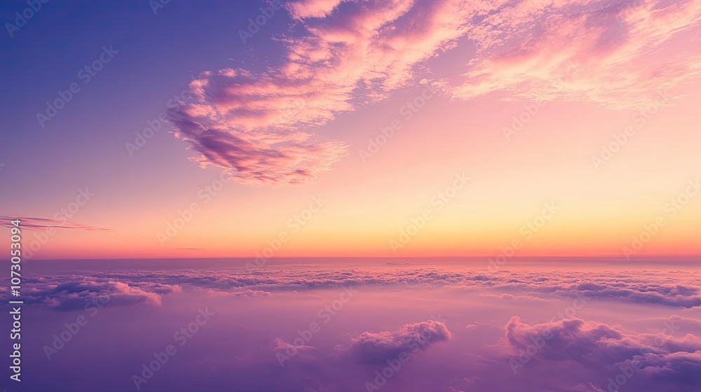 Fototapeta premium Serene Horizon at Sunset: Soft Lavender and Peach Tones Over Fluffy Clouds with Gentle Atmosphere and Peaceful Sky Above the Earth’s Surface
