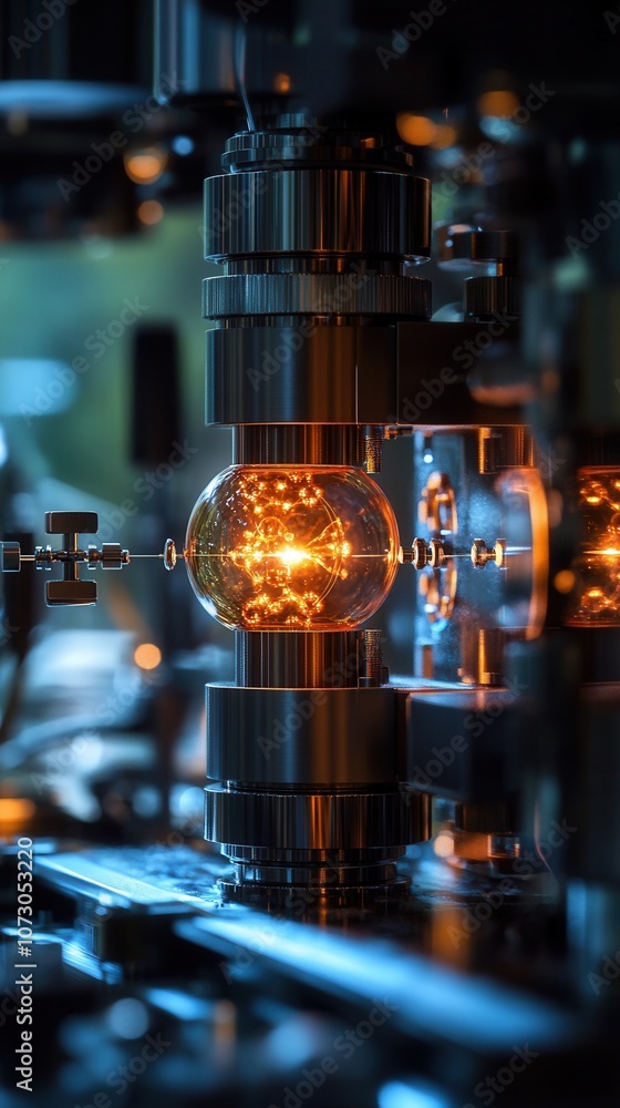 A glowing orb illuminating a complex mechanical system in a dimly lit laboratory A glowing orb illuminating a complex mechanical system in a dimly lit laboratory