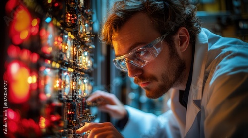 A scientist examining intricate wiring in a high-tech laboratory at dusk