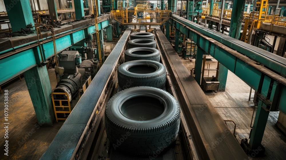 Industrial view of tire production with conveyor systems on top for rubber mixing and curing, factory floor below. Industrial view of tire production with conveyor systems on top for rubber mixing and curing, factory floor below.