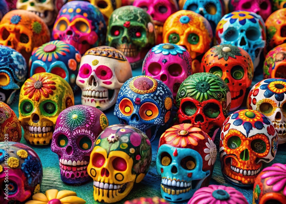 Colorful Day of the Dead Sugar Skulls Captured in Minimalist Style for a Traditional Mexican Celebration with Vibrant Hues and Intricate Patterns Reflecting Cultural Heritage Colorful Day of the Dead Sugar Skulls Captured in Minimalist Style for a Traditional Mexican Celebration with Vibrant Hues and Intricate Patterns Reflecting Cultural Heritage