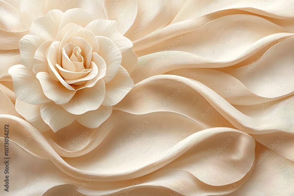 A delicate, creamy white rose delicately placed on soft, flowing satin fabric in shades of ivory, creating an elegant and serene atmosphere. A delicate, creamy white rose delicately placed on soft, flowing satin fabric in shades of ivory, creating an elegant and serene atmosphere.