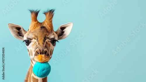 A giraffe with a blue ball in its mouth, looking at the camera.