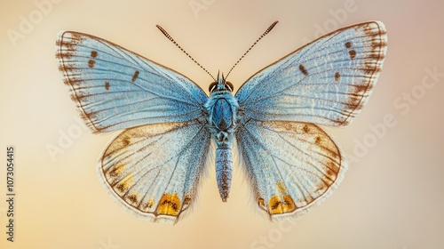 Majestic blue butterfly with wings fully open, isolated against a gradient background, highlighting the texture and subtle wing veins.