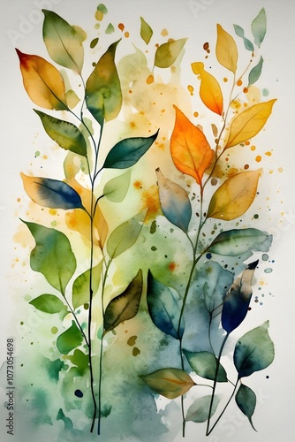 watercolor autumnal leafy tree thin twig from down to up with green hues and a little orange-yellow in aquarelle watercolor medium