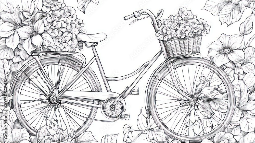 Obraz premium A hand-drawn illustration of a bicycle with a basket full of flowers, surrounded by floral designs.