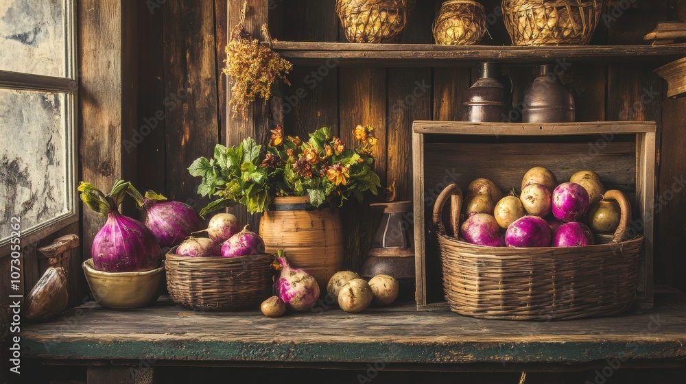 Naklejka premium Rustic Farmhouse Display with Roasted Turnips