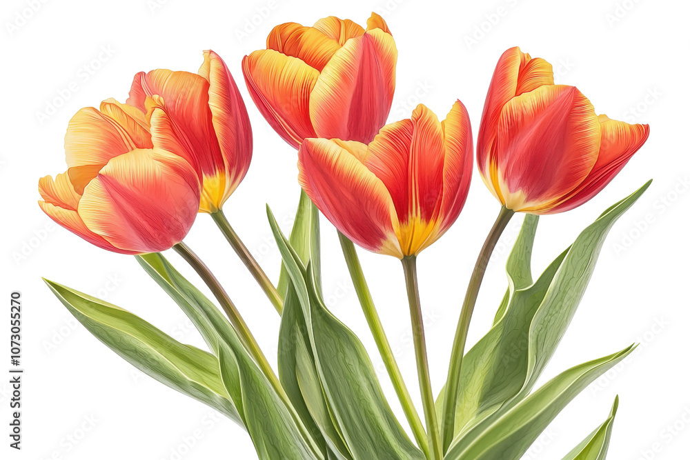 Vibrant tulips display a mix of red and orange petals, complemented by lush green leaves, showcasing their natural beauty. Vibrant tulips display a mix of red and orange petals, complemented by lush green leaves, showcasing their natural beauty.