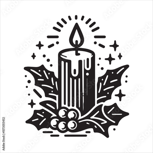 Festive Candlelight: A Warm and Cozy Christmas Illustration. This black and white illustration depicts a burning candle with dripping wax, surrounded by festive holly leaves and berries.