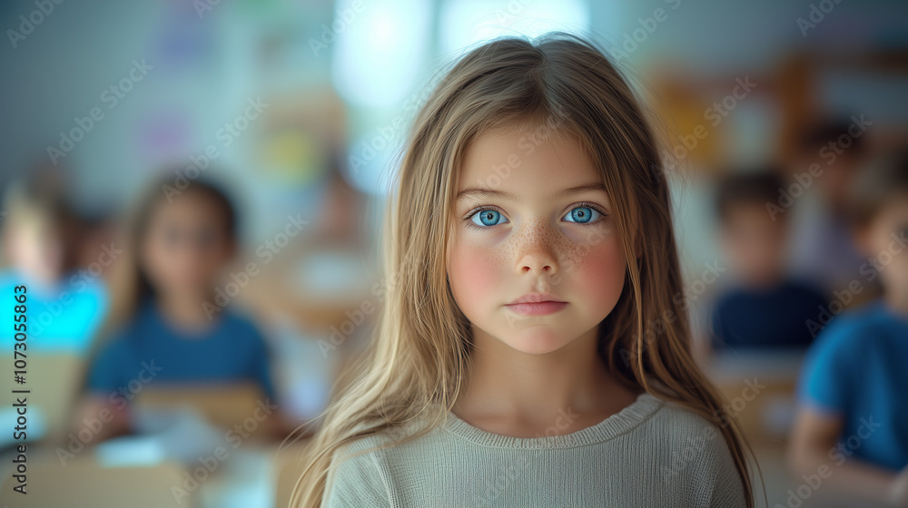 Portrait of a Young Girl with Expressive Blue Eyes and Concerned Look in Classroom Setting Portrait of a Young Girl with Expressive Blue Eyes and Concerned Look in Classroom Setting