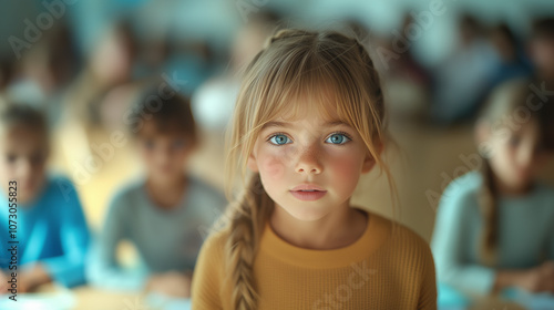 Little Girl with Blond Hair in a Classroom, Looking Curious and Engaged