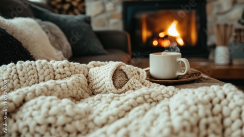 Oversized wool knitted blanket in a soft cream color, displayed on a couch with a hot cup of tea and a flickering fireplace in the background