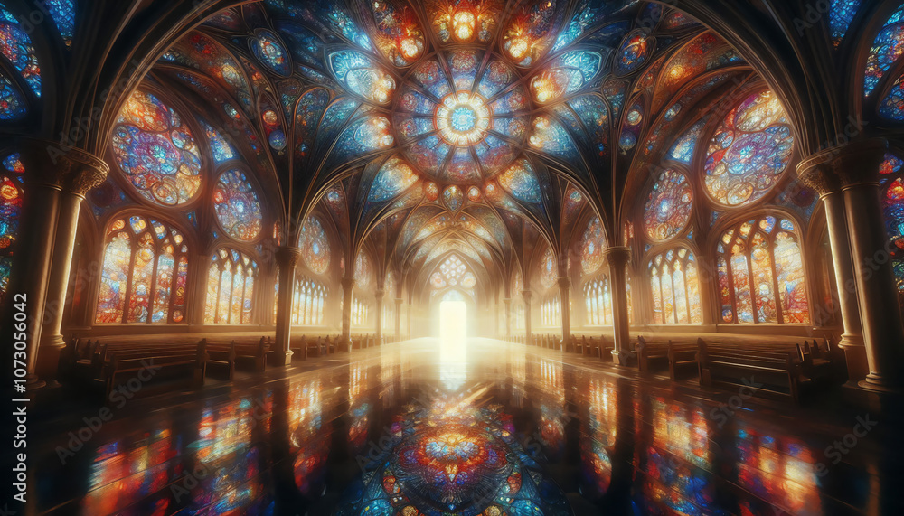 Obraz premium 幻想的な雰囲気のステンドグラスがある教会