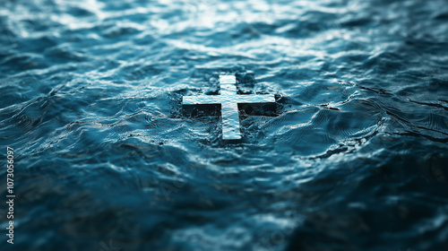 The image features a wooden cross gently drifting on calm water, illuminated by the midday sun. The serene surroundings evoke a sense of tranquility and contemplation.