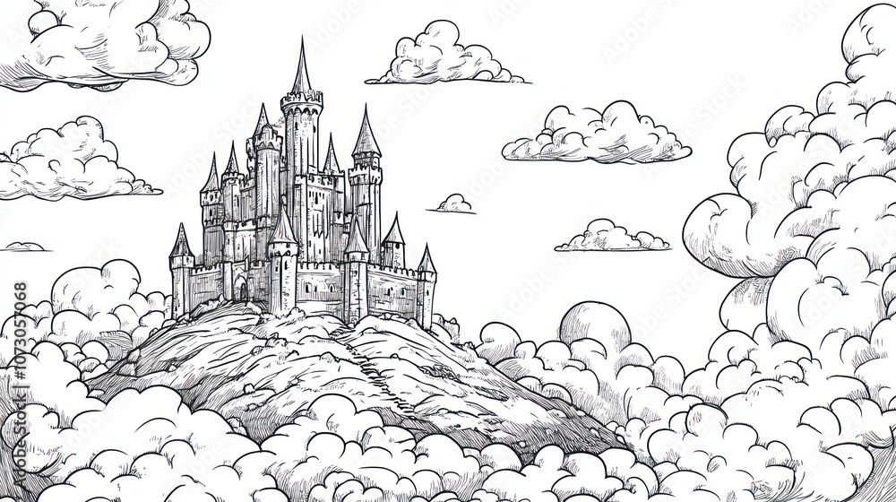 A hand-drawn illustration of a majestic castle perched atop a mountain peak, surrounded by fluffy clouds. A hand-drawn illustration of a majestic castle perched atop a mountain peak, surrounded by fluffy clouds.