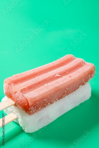 angle view fresh popsicles on a green background at vertical composition photo