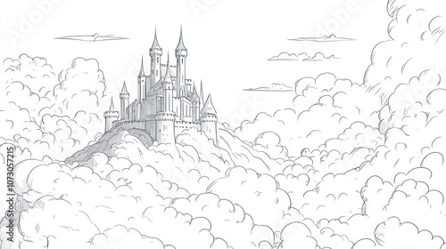 A hand-drawn sketch of a majestic castle perched atop a mountain peak amidst fluffy clouds, evoking a sense of wonder and enchantment.