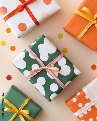 Creative Boxing Day gift wrapping with ribbon and colorful paper concept. A vibrant arrangement of festive gifts wrapped in colorful paper, adorned with ribbons and scattered confetti