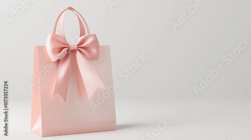 Paper shopping bag with satin pink ribbon and bow isolated on a white background. Stylish sale or Black Friday handbag. Chic and modern shop or gift banner mockup.