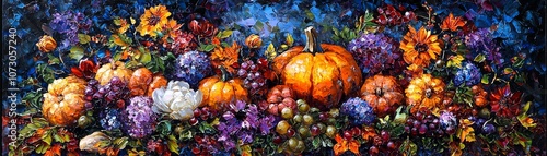 A vibrant arrangement of colorful pumpkins and assorted flowers, showcasing the beauty of autumn in a painterly style.