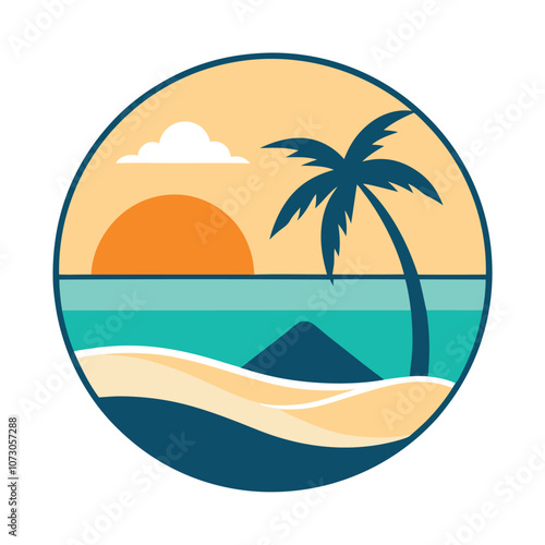 Tropical beach scene vector illustration with sunset and palm tree, travel web design