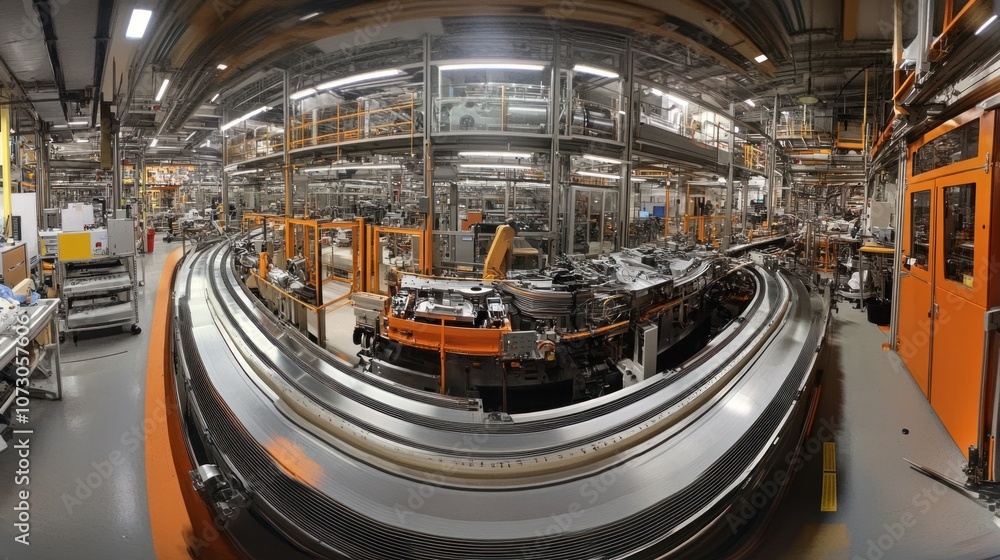 Panoramic shot of a motor production line at the top, showing conveyor belts moving engine parts through automated assembly processes. Panoramic shot of a motor production line at the top, showing conveyor belts moving engine parts through automated assembly processes.