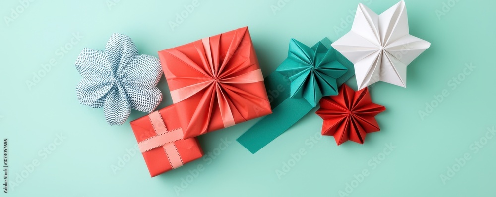 Creative Boxing Day gift wrapping with ribbon and colorful paper concept. Colorful wrapped gifts with decorative bows arranged on a teal background Creative Boxing Day gift wrapping with ribbon and colorful paper concept. Colorful wrapped gifts with decorative bows arranged on a teal background