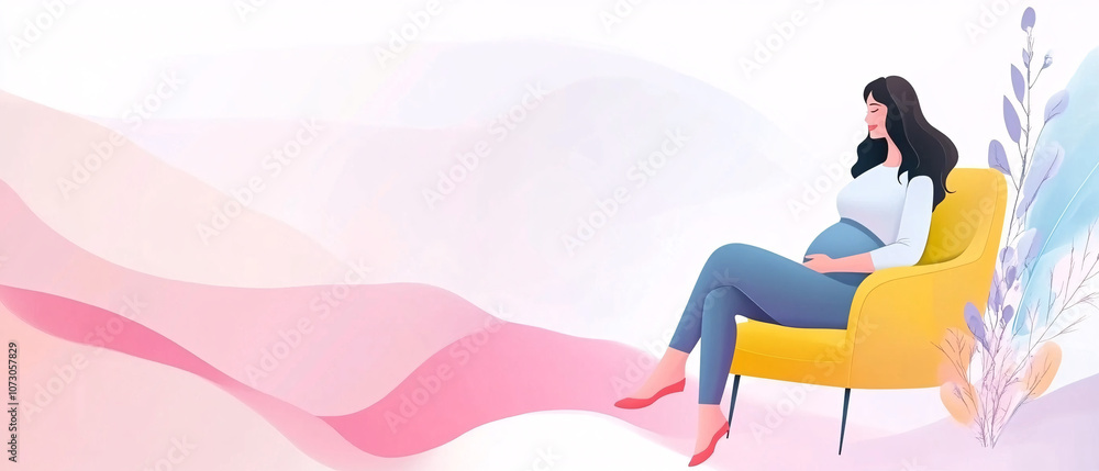 Pregnant Woman Relaxing in a Yellow Chair with Pink and White Background, Pregnant Woman Relaxing in a Yellow Chair with Pink and White Ba Pregnant Woman Relaxing in a Yellow Chair with Pink and White Background, Pregnant Woman Relaxing in a Yellow Chair with Pink and White Ba