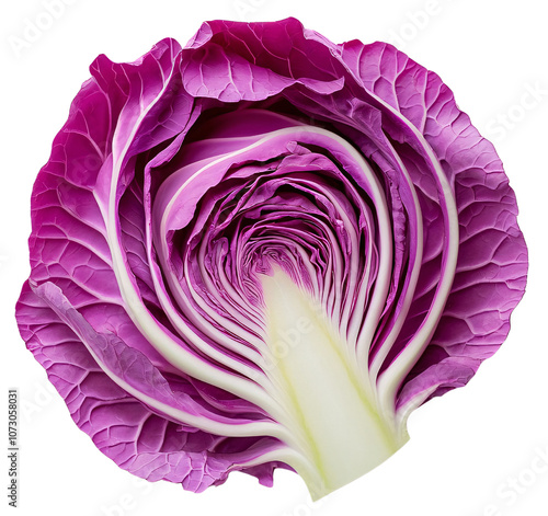 Close-up of a halved purple cabbage, revealing its intricate layers and vibrant colors.