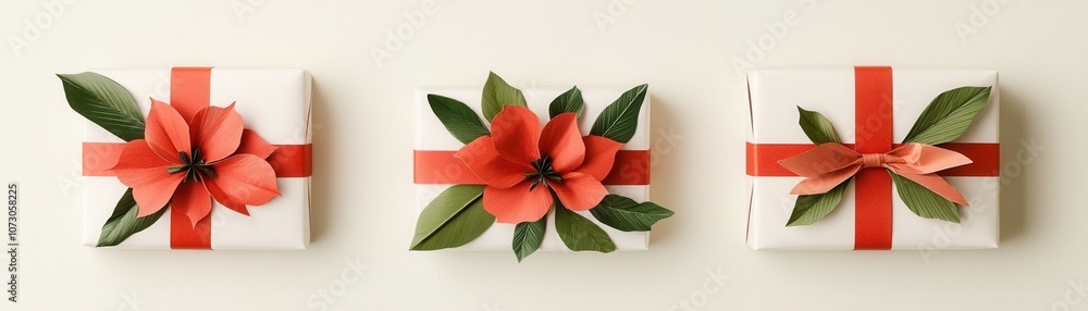 Creative Boxing Day gift wrapping with ribbon and colorful paper concept. Three beautifully wrapped gifts adorned with red ribbons and floral embellishments Creative Boxing Day gift wrapping with ribbon and colorful paper concept. Three beautifully wrapped gifts adorned with red ribbons and floral embellishments