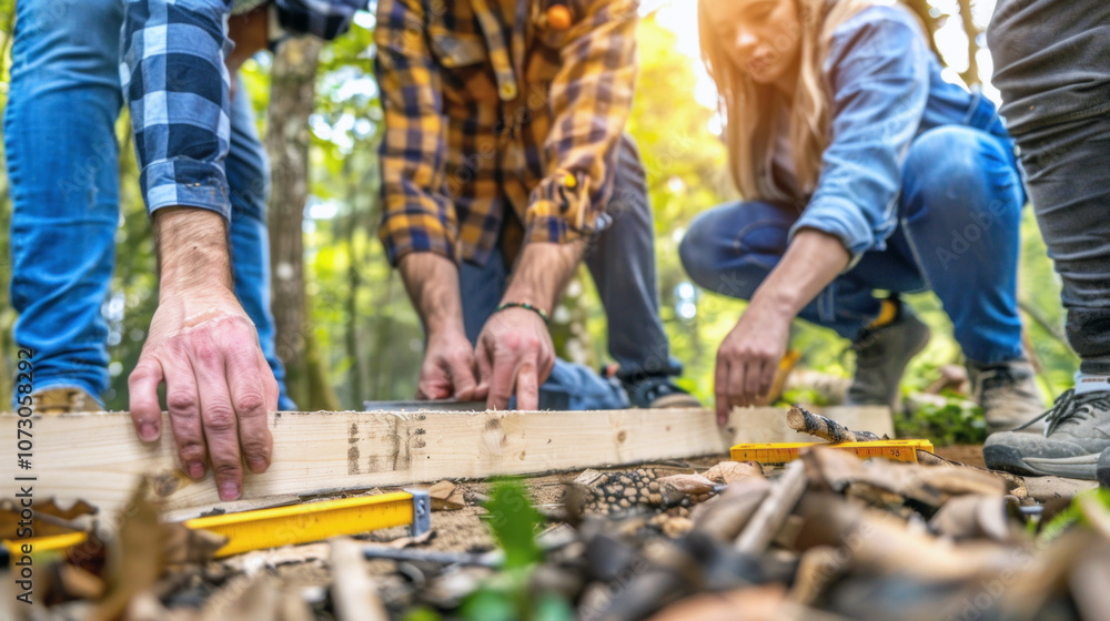 A team engages in a woodworking project in a lush forest, measuring and aligning wooden planks on the ground. Sunlight filters through the trees, A team engages in a woodworking project in a lush forest, measuring and aligning wooden planks on the ground. Sunlight filters through the trees,