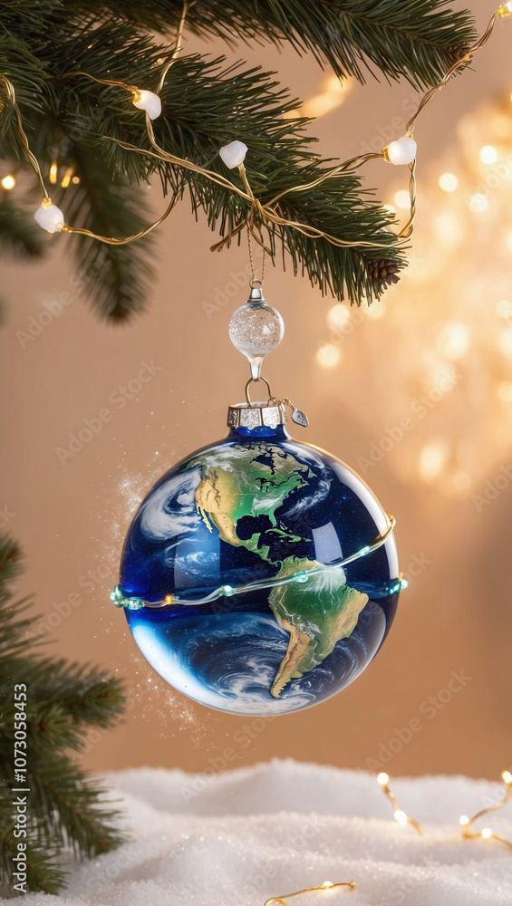 Glass-blown Earth ornament on Christmas tree with snowflakes and stardust Glass-blown Earth ornament on Christmas tree with snowflakes and stardust