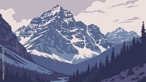 Stylized mountain landscape illustration, blue tones, serene wilderness, perfect for posters